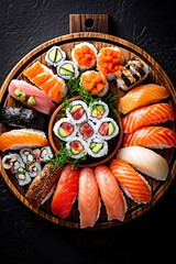 japan fish rice sushi meal food set seafood japanese roll. Generative AI.