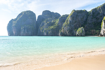 views of maya bay beach in phi phi islands, thailand