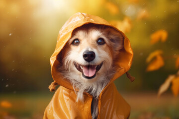 Cute dog with yellow rain coat. Rainy weather in autumn concept. Generative AI - 616686009