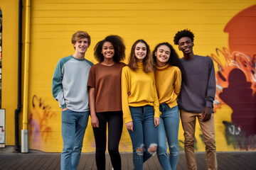 Fototapeta premium Group of students with yellow background