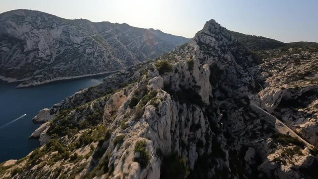 Mountain surfing over the Calanque cliffs at the ocean near Marseille in France.