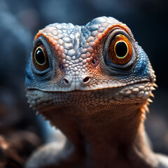 Fototapeta premium Close up view of a baby dinosaur watching closely into the camera 
