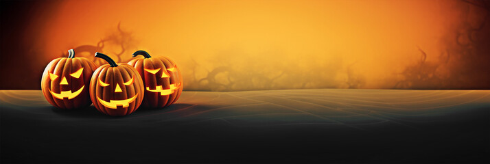 Background halloween Jack O' Lantern pumpkins with evil glowing eyes of a scary halloween night 3:1