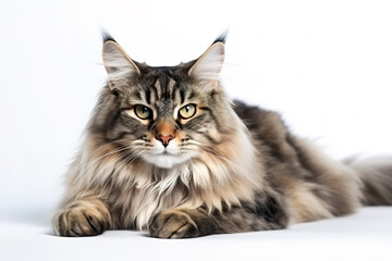 Fototapeta premium Image of main coon cat on white background. Pet. Animals. Illustration. Generative AI.