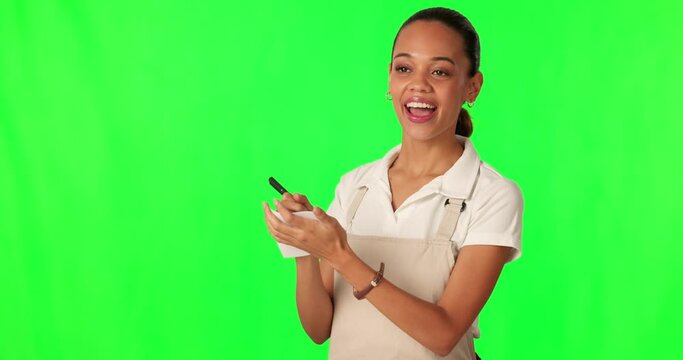 Green screen note, writing order or woman smile, barista or waitress happy for coffee shop service, hospitality or job. Chroma key, notepad or cafe person listen to communication on studio background