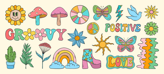 Groovy vector set. Hippie elements. 70s groovy hippie clipart. Retro groovy stickers. Psychedelic funky 60s 70s doodles. Retro cartoon sun, rainbow, plants.