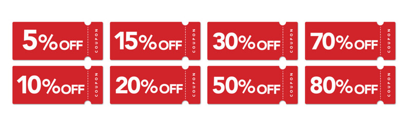 シンプルな赤の5%〜80%オフクーポンのベクターデザインセット