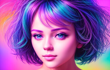 Portrait of a beautiful young woman with rainbow hair on a multicolored background. Beauty, fashion. Generative AI