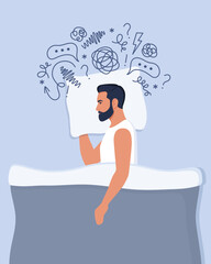 Young man lies in bed and suffers from insomnia, depression, unresolved problems. Man surrounded by stream of anxious thoughts. Mental health, life crisis. Vector illustration.