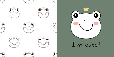Hand drawn Little frog princess in doodle style for designing baby clothes. Postcard with frog and seamless pattern. Cartoon Bohemian nursery print. Kids design texture. Vector illustration. © Kate Artery19