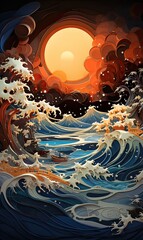 Generative AI illustration of a paper quilling painting showing large waves crashing on a night coastline, in the style of surreal 3d landscapes, night, wet sandy beach, large waves crashing