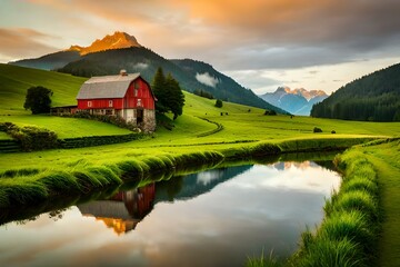 Idyllic mountain scenery in the Alps with blooming meadows in springtime
