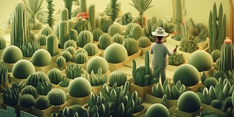 A gardener in a green suit tends to his green garden of cacti and succulents in a green room. Created with generative AI tools