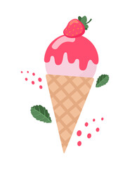 Ice cream strawberry cone dessert. Dairy product with fresh and ripe strawberry. Vector illustration.