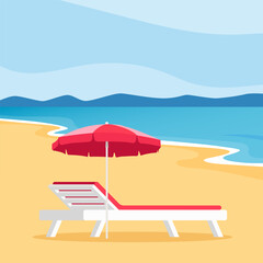 Beach umbrella and Sun lounger. Sunbed with parasol at sand beach. Summer tropical resort with private chaise-longues at seacoast. Empty sun bed at seaside. Vector illustration.