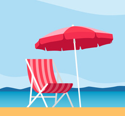 Beach umbrella and Sun lounger. Sunbed with parasol at sand beach. Summer tropical resort with private chaise-longues at seacoast. Empty sun bed at seaside. Vector illustration. - obrazy, fototapety, plakaty