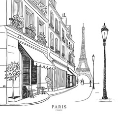 Hand drawn Paris city corner. Black and white vector line illustration - obrazy, fototapety, plakaty