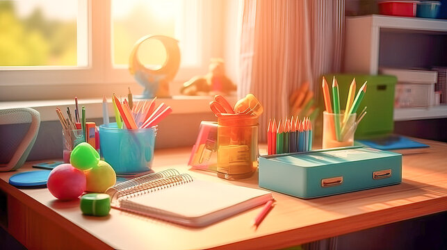 Interior of modern cozy children's room in colorful. A close-up of a cozy workplace with school supplies for a student of junior grades. Generative AI.