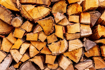 beautiful yellow background of firewood closeup. fuel wood for stove backdrop. nature timber wallpaper