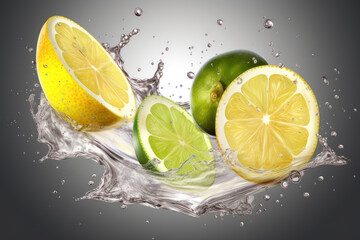 Juice splash lemon, orange, lime set. Citrus splashig fresh collection, AI Generative