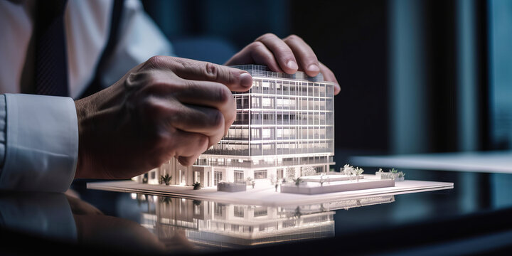 Enthralling architect forms holographic building, man in blur, screens show materials & sustainable aspects. Art and technology merge powerfully. Generative AI