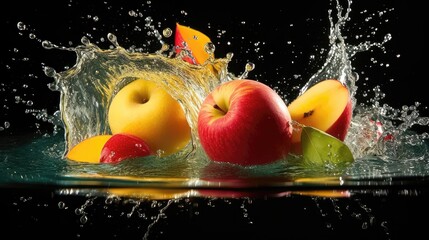 Fototapeta na wymiar Nature's Symphony: Dynamic and Dramatic Encounter of Apple, Water, and Mango Pieces Generative AI 2
