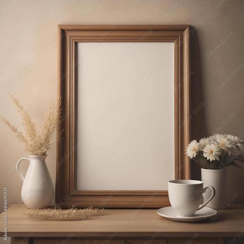 Sticker wooden picture frame mockup hanging on beige wall background. boho shaped vase, dry flowers on table