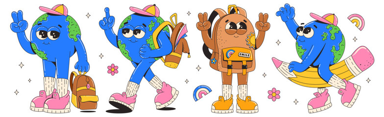 Back to school.  Funky retro groovy characters earth planet and school bag. Cartoon style. Vector illustration.