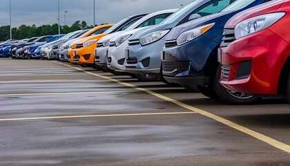 Obraz na płótnie Canvas row of different color cars on asphalt parking lot at cloudy summer day with selective focus