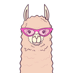 Cute Lama in trendy glasses. Print for fabric, t-shirt, poster. Illustration on transparent background