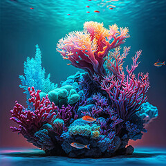 Colorful corals underwater surrounded by fish. Generative AI.