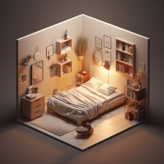 Small bedroom scandinavic minimalistic style isometric. AI Generative