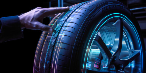 Innovative inspection of a modern tire, man's hand examining virtual tread depth, blurred specialist in background at auto workshop, emphasizing tire safety & maintenance emotion. Generative AI