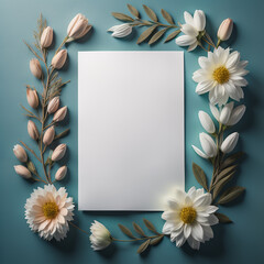 Blank greeting card, invitation mock-up scene with flowers, branch isolated on white table background in sunlight