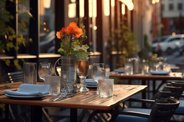 Modern Restaurant with Outdoor Table Setup and Glasses on Table