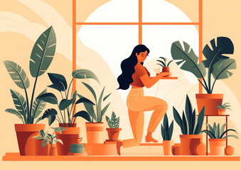 indoor woman flower botanist florist room gardener pot entrepreneur hobby houseplant. Generative AI.