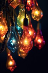close-up of illuminated christmas light bulbs on a dark background, created with generative ai