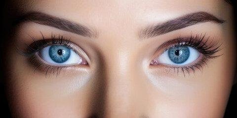 Obraz premium Young beautiful woman with blue eyes, closeup detail to her face, both iris visible. Generative AI