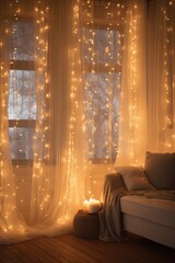 warm bokeh effect of twinkling christmas lights in a cozy room, created with generative ai
