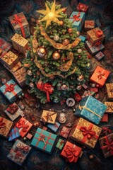 Fototapeta na wymiar top view of christmas tree surrounded by wrapped gifts, created with generative ai