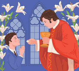 A boy in a blue suit during the first communion. The priest is holding bread. Vector illustration. A ceremony in the Christian tradition, a member of the church receives the Eucharist.