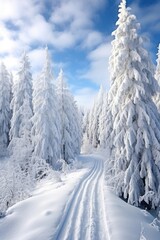 snowy winter landscape with frosted pine trees, created with generative ai