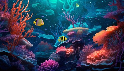 Naklejka na ściany i meble Tropical underwater life of a coral reef, neural network generated art wallpaper. Digitally generated image. Not based on any actual scene or pattern