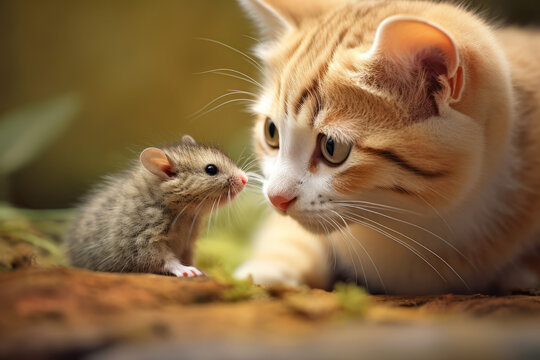 Cute image of cat and mouse friends
