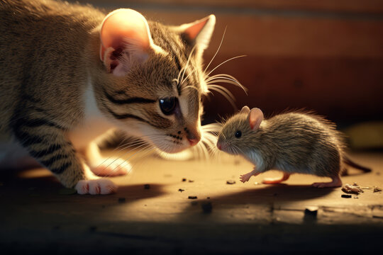 Cute image of cat and mouse friends