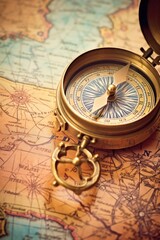 Fototapeta na wymiar vintage compass on antique map with soft light, created with generative ai