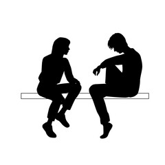 Vector silhouettes of a man and a woman sitting on a bench, profile, a couple of business people, black color on a white background