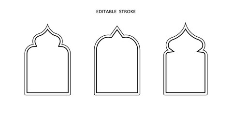 Islamic vector shape of a window or door arch. Arab frame set. Ramadan kareem editable outline icon. Mosque gate. Islamic arabesque pattern. Arabian muslim shape arch