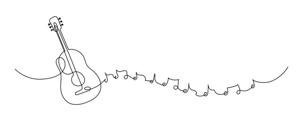Guitar with notes. Music. Continuous line drawing. Hand drawn doodle. 