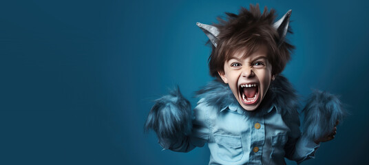 Cute Young Boy Dressed as a Werewolf for Halloween on a Blue Banner with Space for Copy